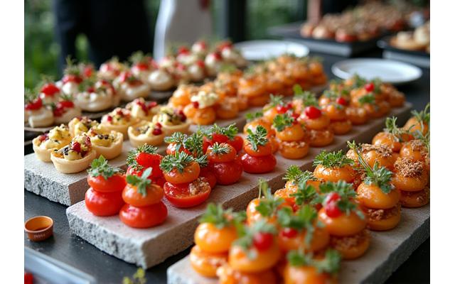 Mesa de catering con una selección de tapas españolas y bebidas