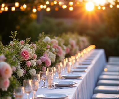 Mesa de banquete de boda al aire libre, elegantemente decorada con flores y vajilla fina.