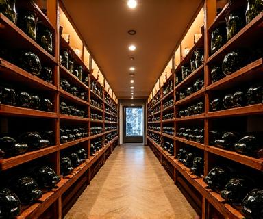 Amplia bodega de vinos de El Buen Gusto, con botellas expuestas y control de temperatura.