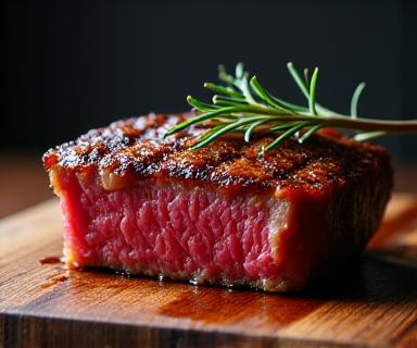 Chuletón de buey Wagyu a la parrilla, perfectamente sellado, con guarnición selecta.