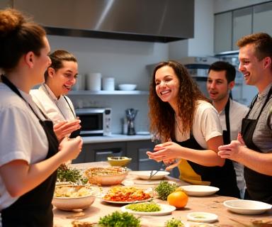 Grupo de personas participando en una clase de cocina española, con el chef guiando.