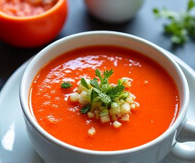 Gazpacho andaluz fresco en un tazón rústico, decorado con verduras picadas.