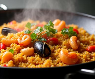 Auténtica paella valenciana con arroz dorado, mariscos y verduras frescas.