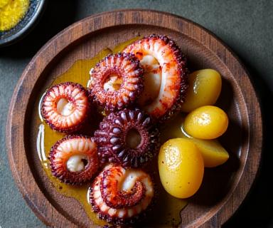 Pulpo a la Gallega con pimentón y aceite de oliva sobre rodajas de patata.