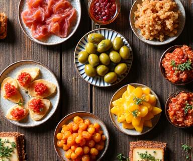 Variedad de tapas españolas, incluyendo jamón serrano, aceitunas y quesos.