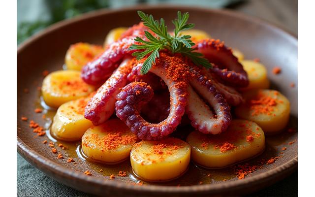 Pulpo a la gallega servido sobre patatas cocidas con pimentón.
