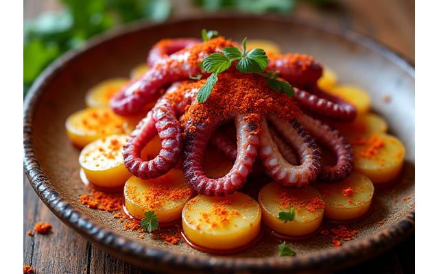 Pulpo a la gallega servido sobre patatas cocidas con pimentón.