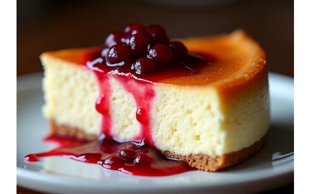 Trozo de tarta de queso cremosa con frutos rojos.