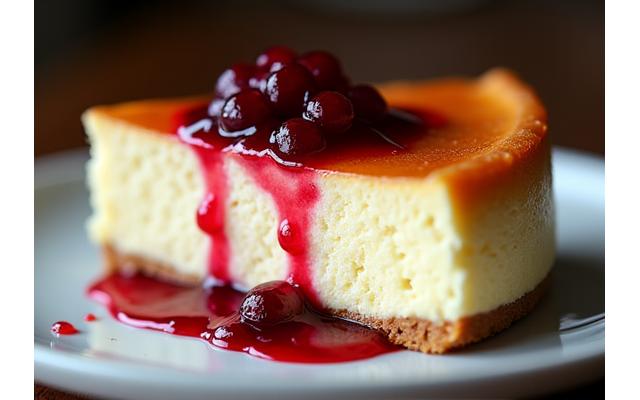 Trozo de tarta de queso cremosa con frutos rojos.