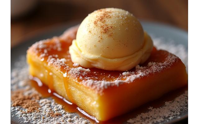 Torrijas caramelizadas con helado de vainilla.