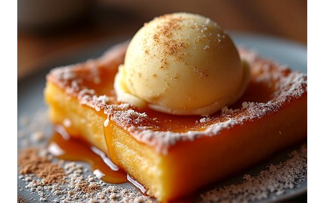 Torrijas caramelizadas con helado de vainilla.