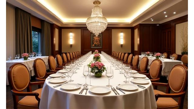 Salón privado elegante con mesas vestidas para un evento