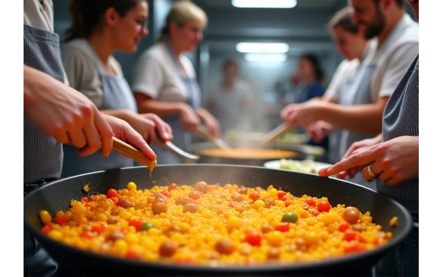 Participantes en un taller de cocina aprendiendo a hacer paella