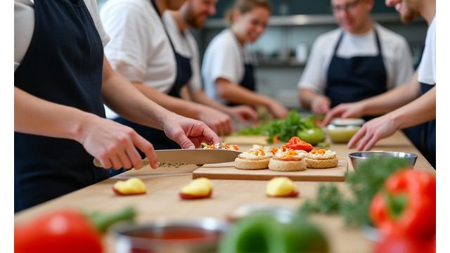Alumnos participando en un taller de cocina de tapas españolas